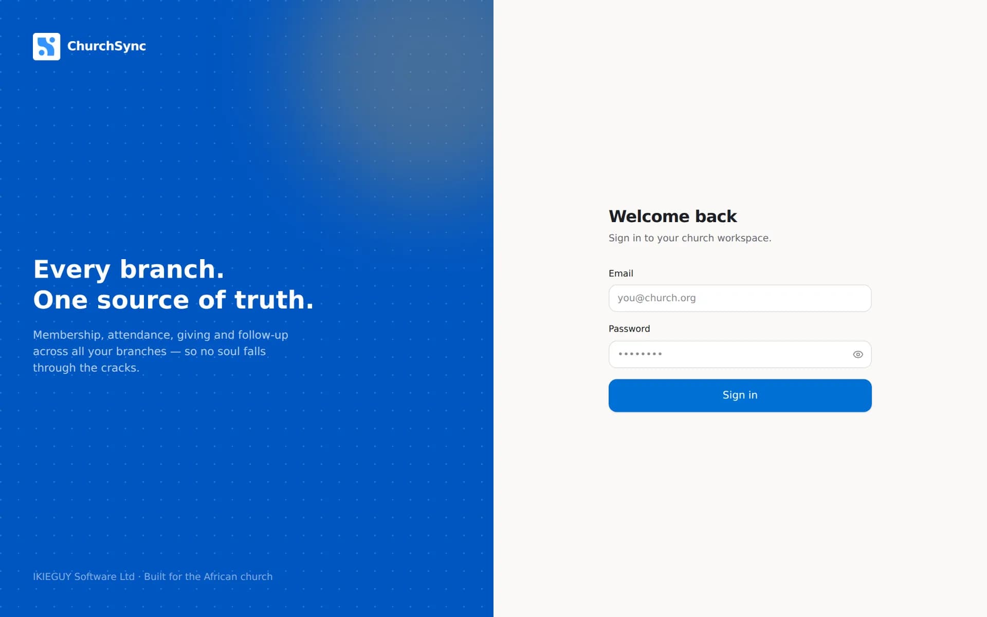 ChurchSync sign-in: every branch, one source of truth